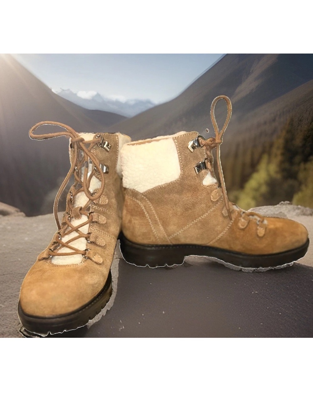 Marc Fisher Hopee Tan Suede Faux Fur Hiker Combat Boots Size 7.5M